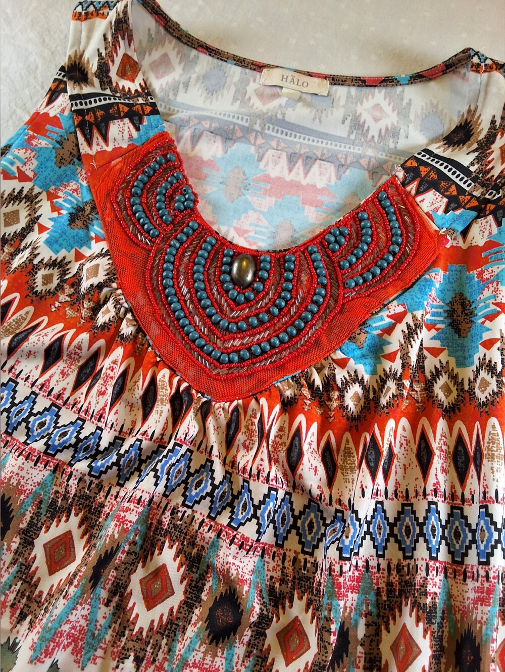 HALO Women's Red Multicolor Beaded Boho Top